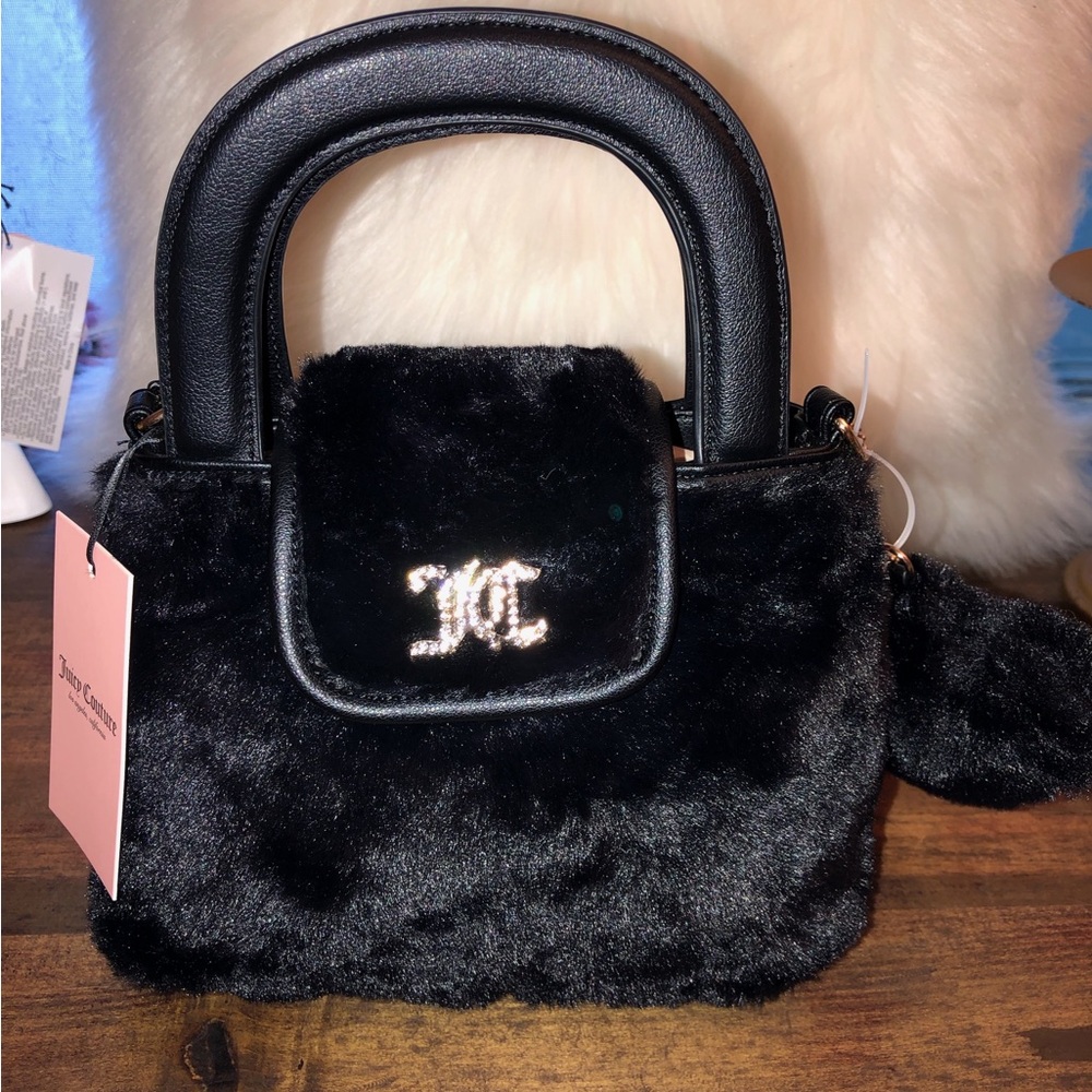 Juicy Couture Live Laugh Black Faux Fur Crossbody Bag, NEW with TAG